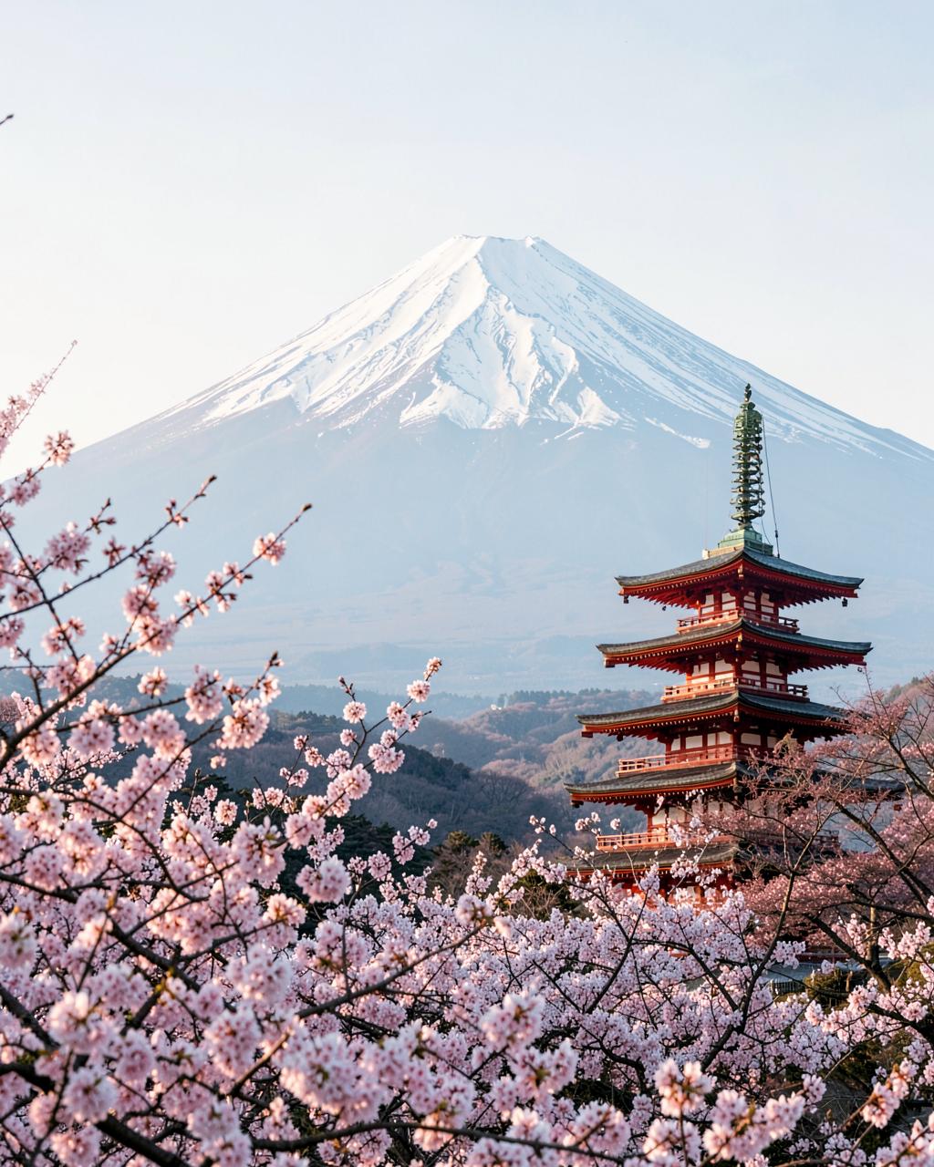 Mount Fuji with cherry blossoms and a traditional pagoda in the foreground