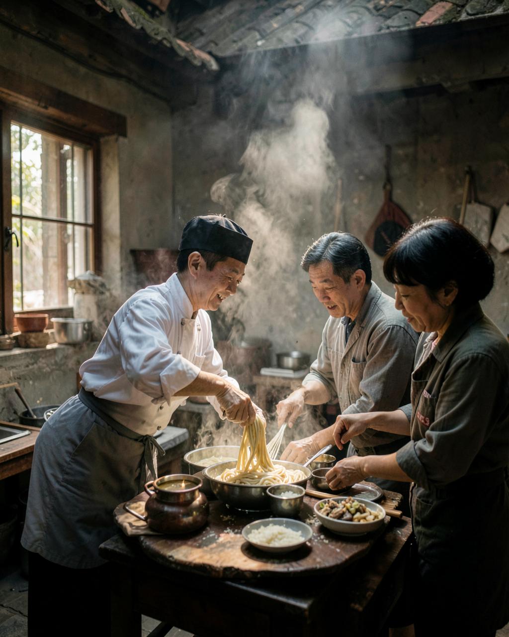 Travellers learning to make noodles with a chef in a Chengdu courtyard kitchen