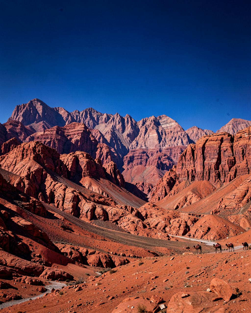 Dramatic red sandstone canyons and desert mountains of western China under a deep blue sky