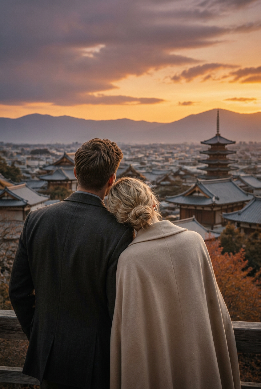 Couple overlooking Kyoto at sunset