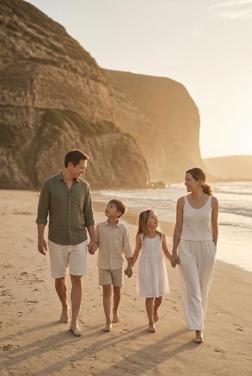 Family enjoying time together by the sea