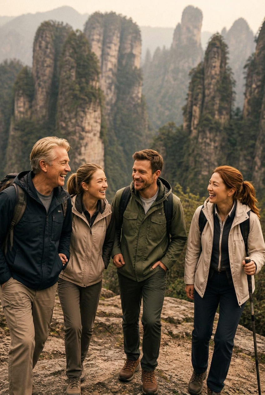 Friends hiking among the mountains of Zhangjiajie, China